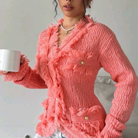 Ladies' Long Sleeve Cardigan With Fringed Edges, Buttoned Pockets - Picture 6 of 6